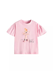 Front view of the blush pink children's t-shirt with flared sleeves and ballet dancer graphic