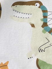 Close view of the striped dinosaur head and teeth detail on the white children's t-shirt