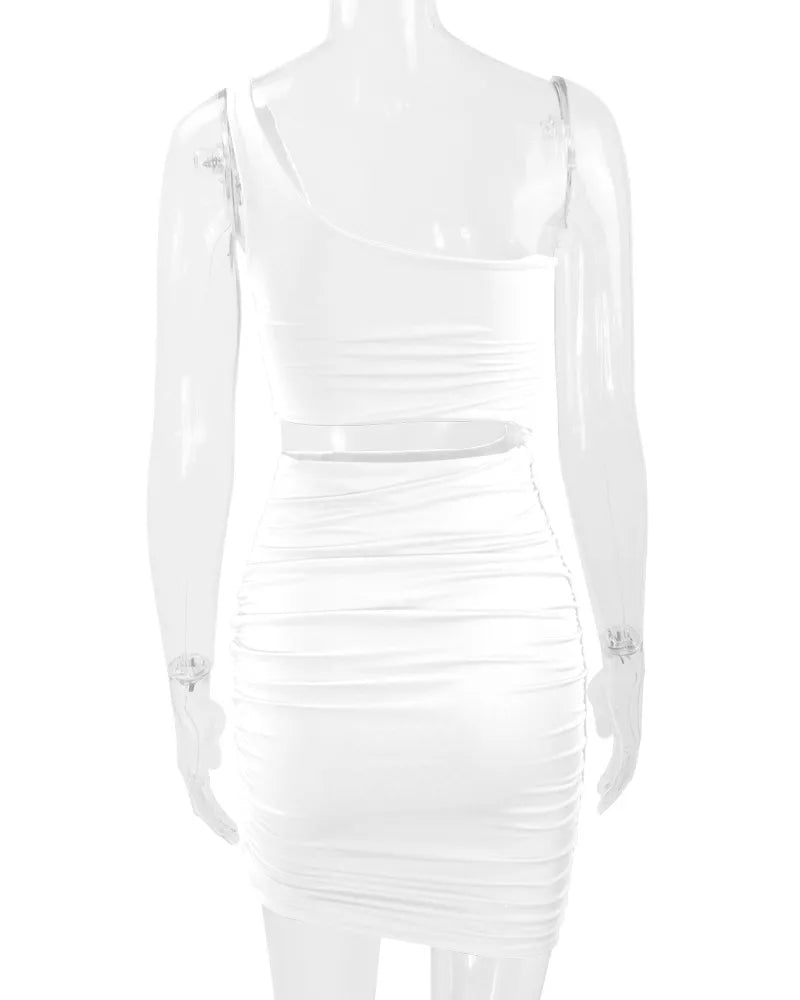 Back view of white one shoulder cutout ruched bodycon mini dress on a clear mannequin