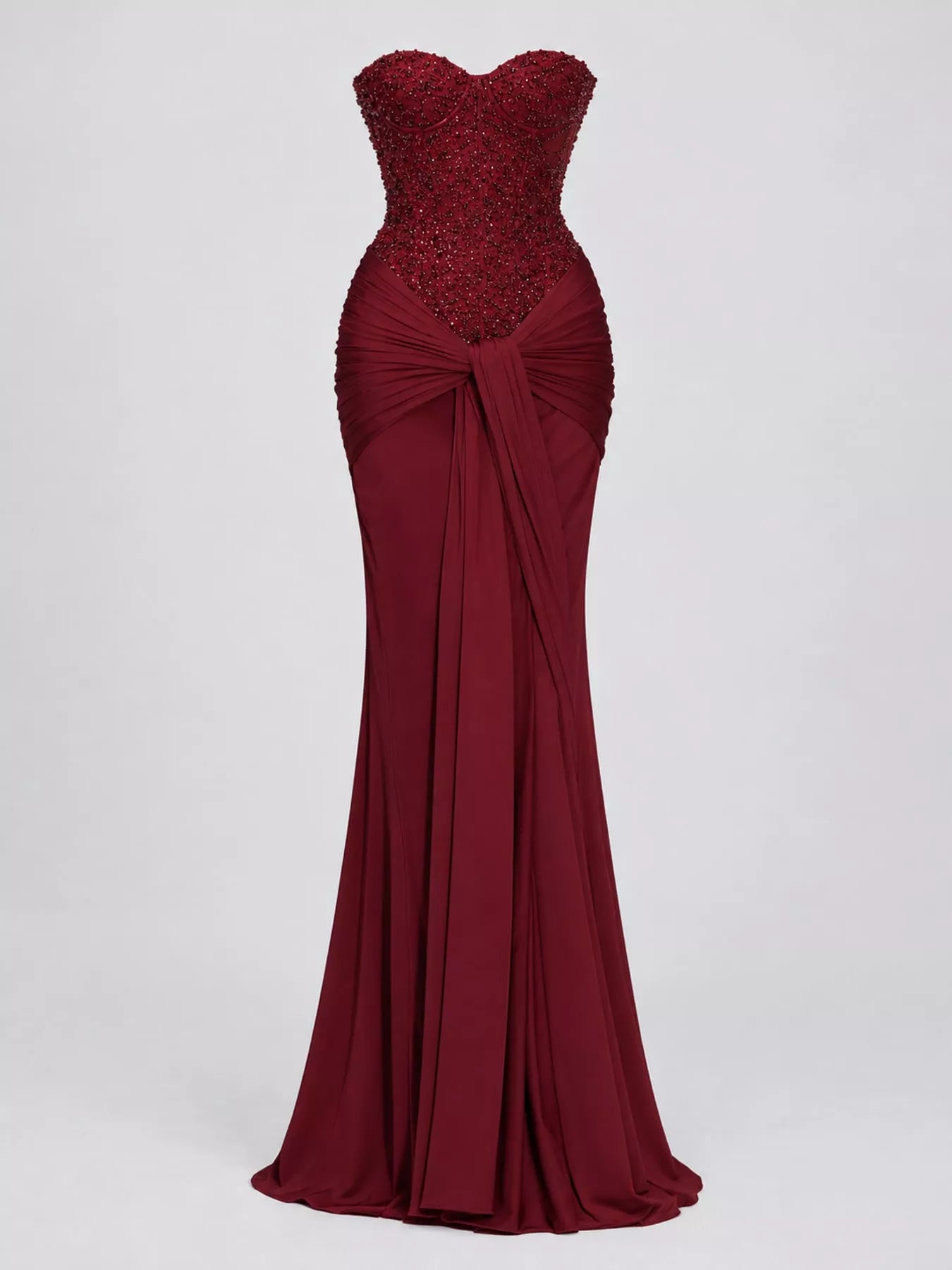 Red strapless sequin corset maxi dress with draped waist, front view without model