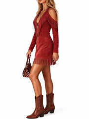 Red fringed cold shoulder mini dress with zip front shown in side view