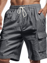 Men's dark gray lightweight cargo shorts with a drawstring waist and pockets.