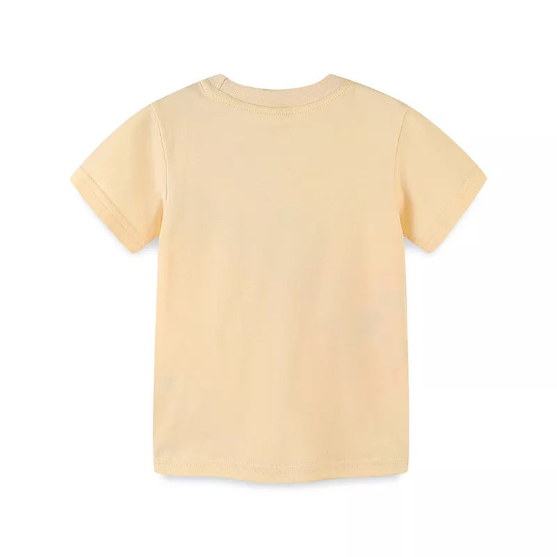 Flat back view of a plain cream children's short sleeve tee with neat hem stitching