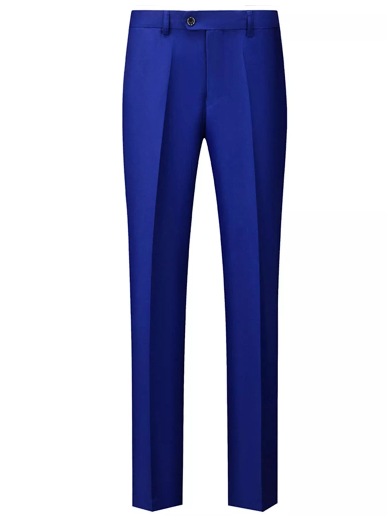 Men's royal blue dress pants with a slim fit and button closure.