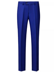 Men's royal blue dress pants with a slim fit and button closure.
