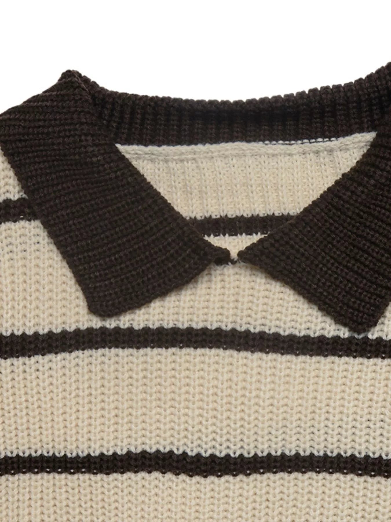 Close up of the brown polo collar on a cream and brown striped knit sweater.