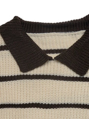 Close up of the brown polo collar on a cream and brown striped knit sweater.