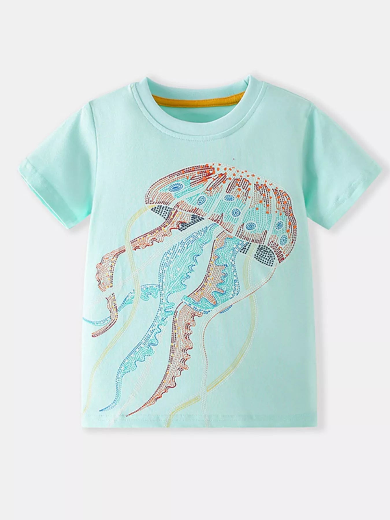 Front view of mint blue children's t-shirt with large dotted jellyfish graphic