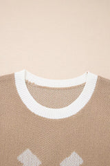 Close-up of the mocha sweater front neckline with white ribbed trim