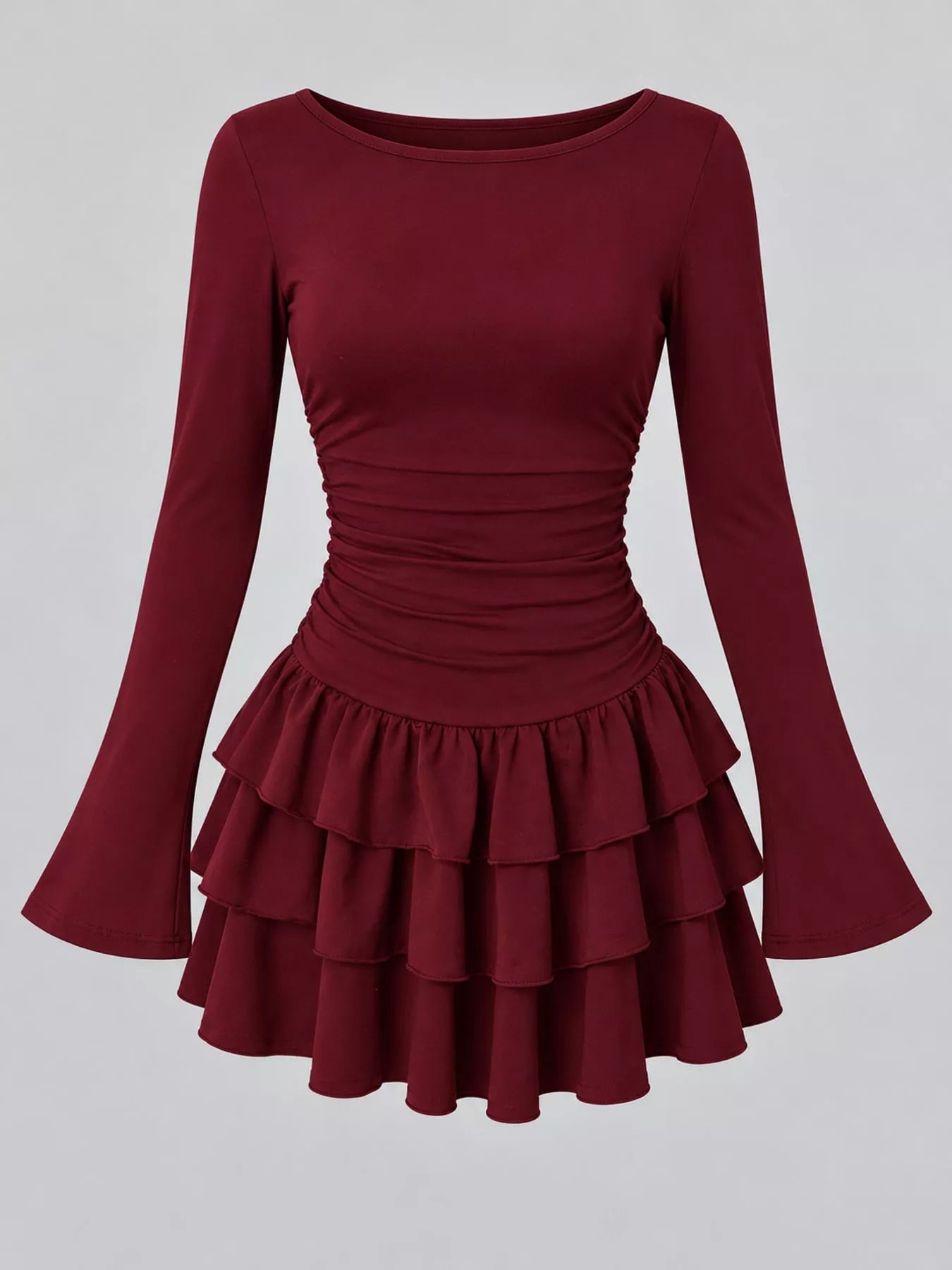 Burgundy layered ruffle long sleeve mini dress shown flat front facing with flared sleeves
