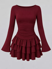Burgundy layered ruffle long sleeve mini dress shown flat front facing with flared sleeves