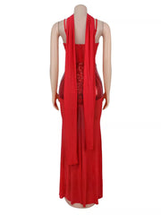 Back view of red sequin maxi dress on mannequin showing draped panels and zip