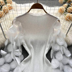 3D Floral Lantern Sleeves Mesh Blouse