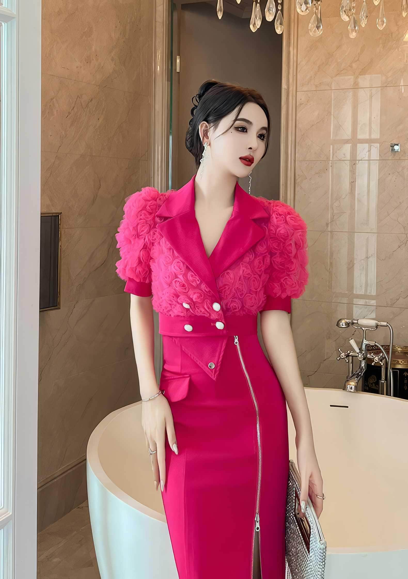 3D Rose Detailed Collared Puff Sleeve Top