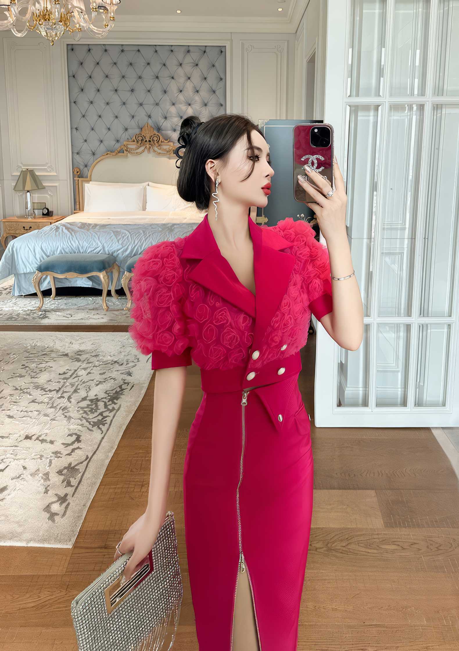 3D Rose Detailed Collared Puff Sleeve Top