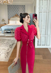 3D Rose Detailed Collared Puff Sleeve Top