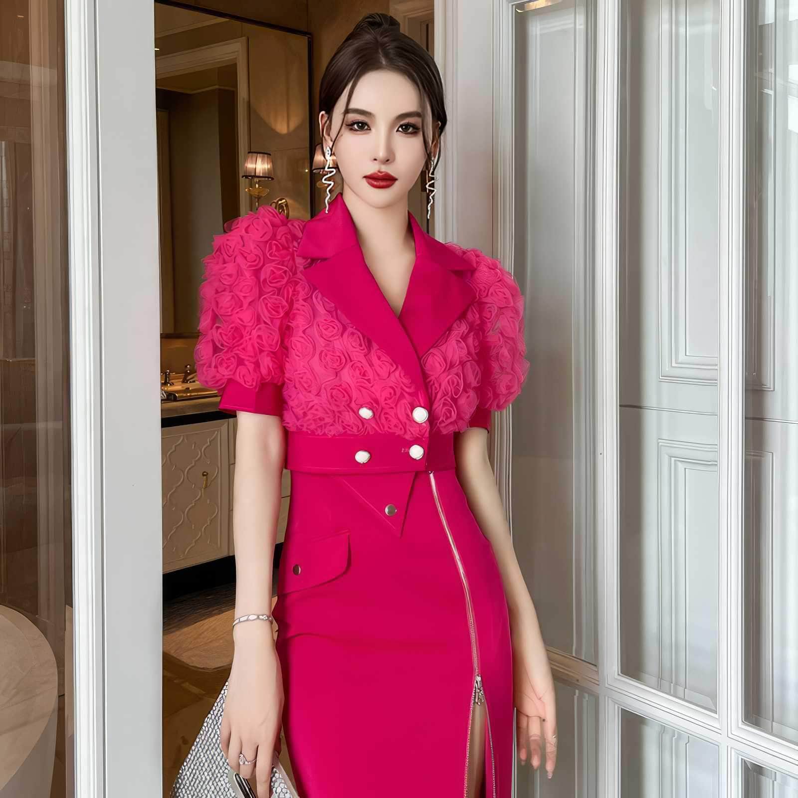 3D Rose Detailed Collared Puff Sleeve Top