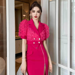 3D Rose Detailed Collared Puff Sleeve Top
