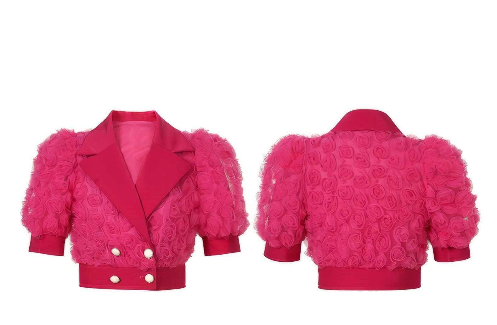 3D Rose Detailed Collared Puff Sleeve Top