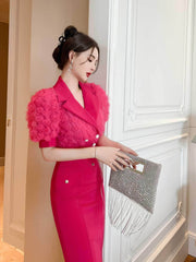 3D Rose Detailed Collared Puff Sleeve Top