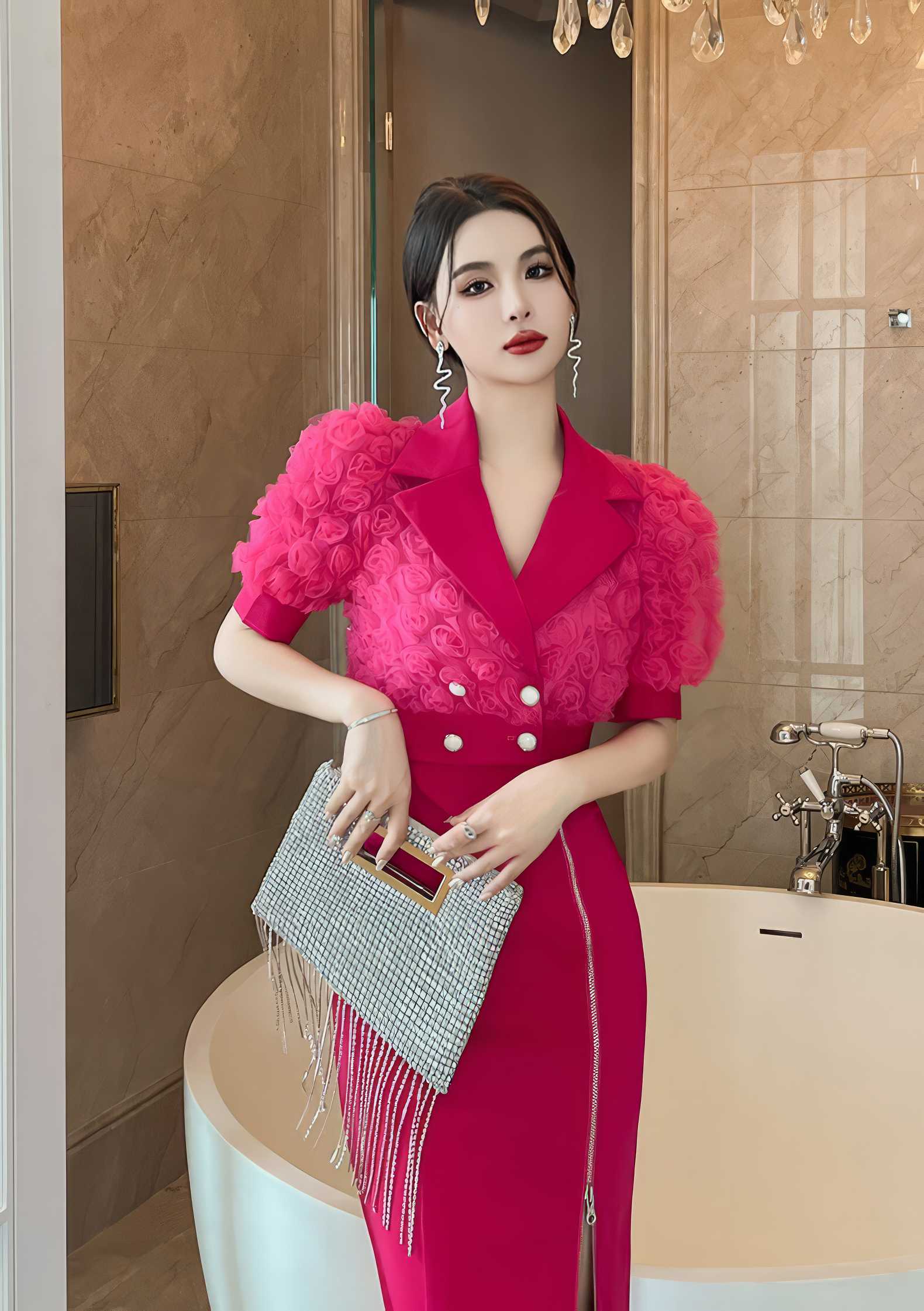 3D Rose Detailed Collared Puff Sleeve Top