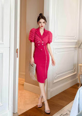 3D Rose Detailed Collared Puff Sleeve Top