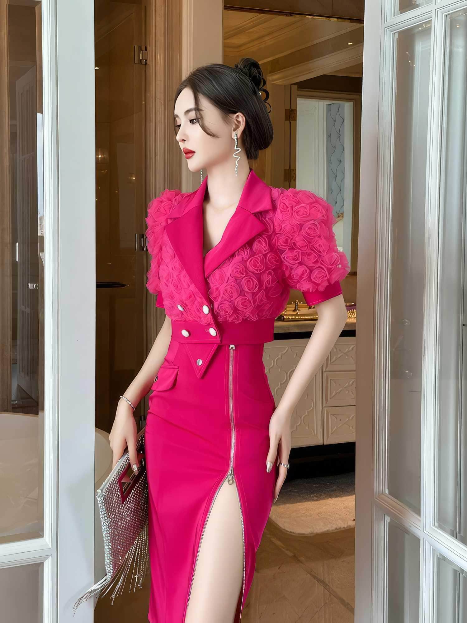 3D Rose Detailed Collared Puff Sleeve Top