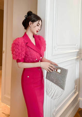 3D Rose Detailed Collared Puff Sleeve Top