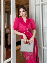 3D Rose Detailed Collared Puff Sleeve Top