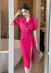 3D Rose Detailed Collared Puff Sleeve Top S / DeepPink