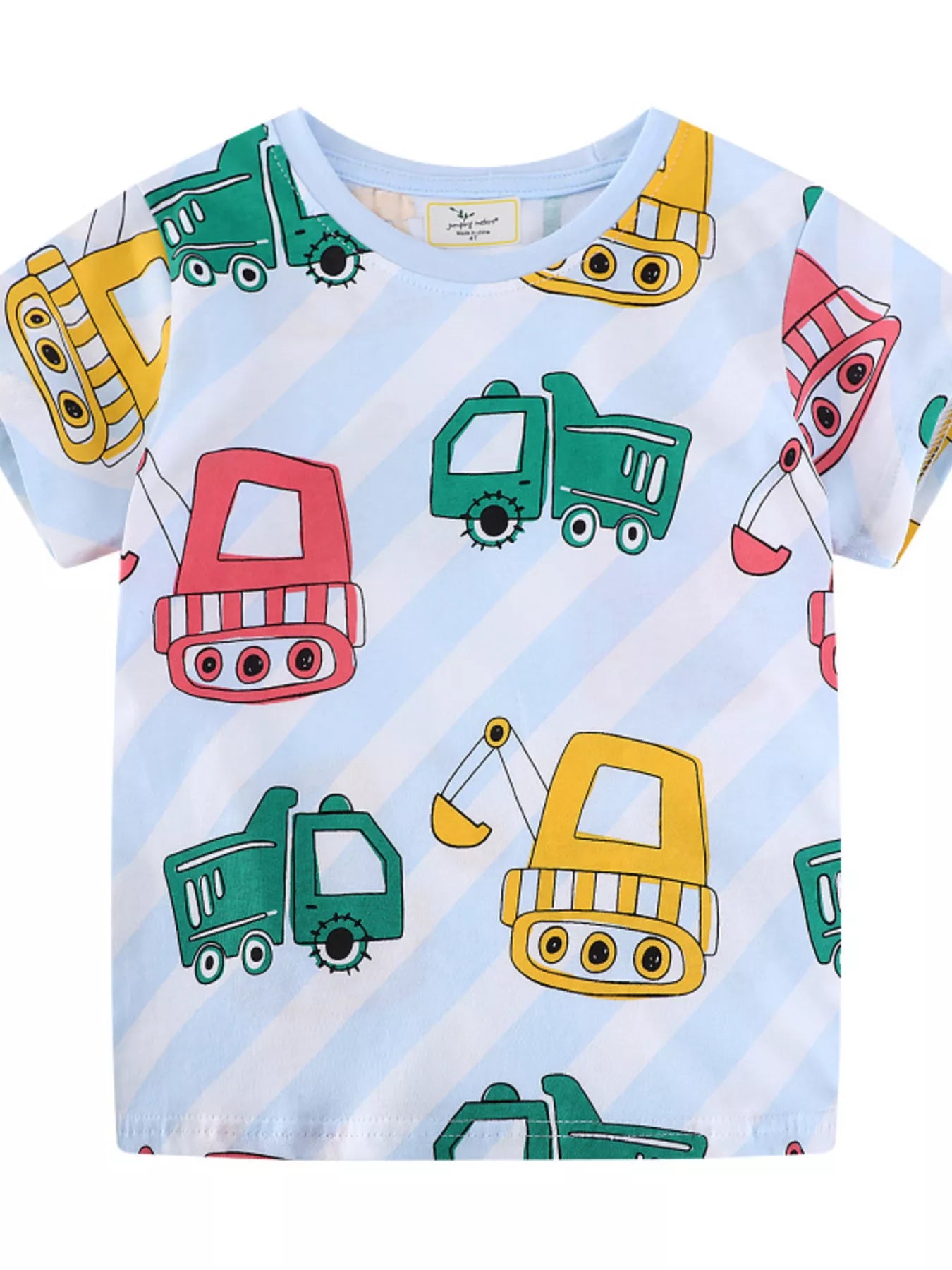 Light blue striped children's crew neck T-shirt with an all-over cartoon construction vehicle print