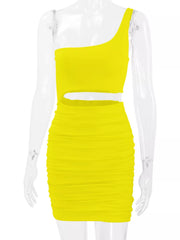 Yellow one shoulder cutout ruched bodycon mini dress on a clear mannequin front view