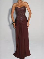 Dark Brown strapless sequin corset maxi dress with draped waist on model, studio front view