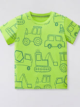 Flat lay front view of children's neon green t-shirt with outlined construction vehicle print