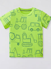 Flat lay front view of children's neon green t-shirt with outlined construction vehicle print