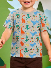 Children's multicolor crew-neck T-shirt featuring a dinosaur print and short sleeves.