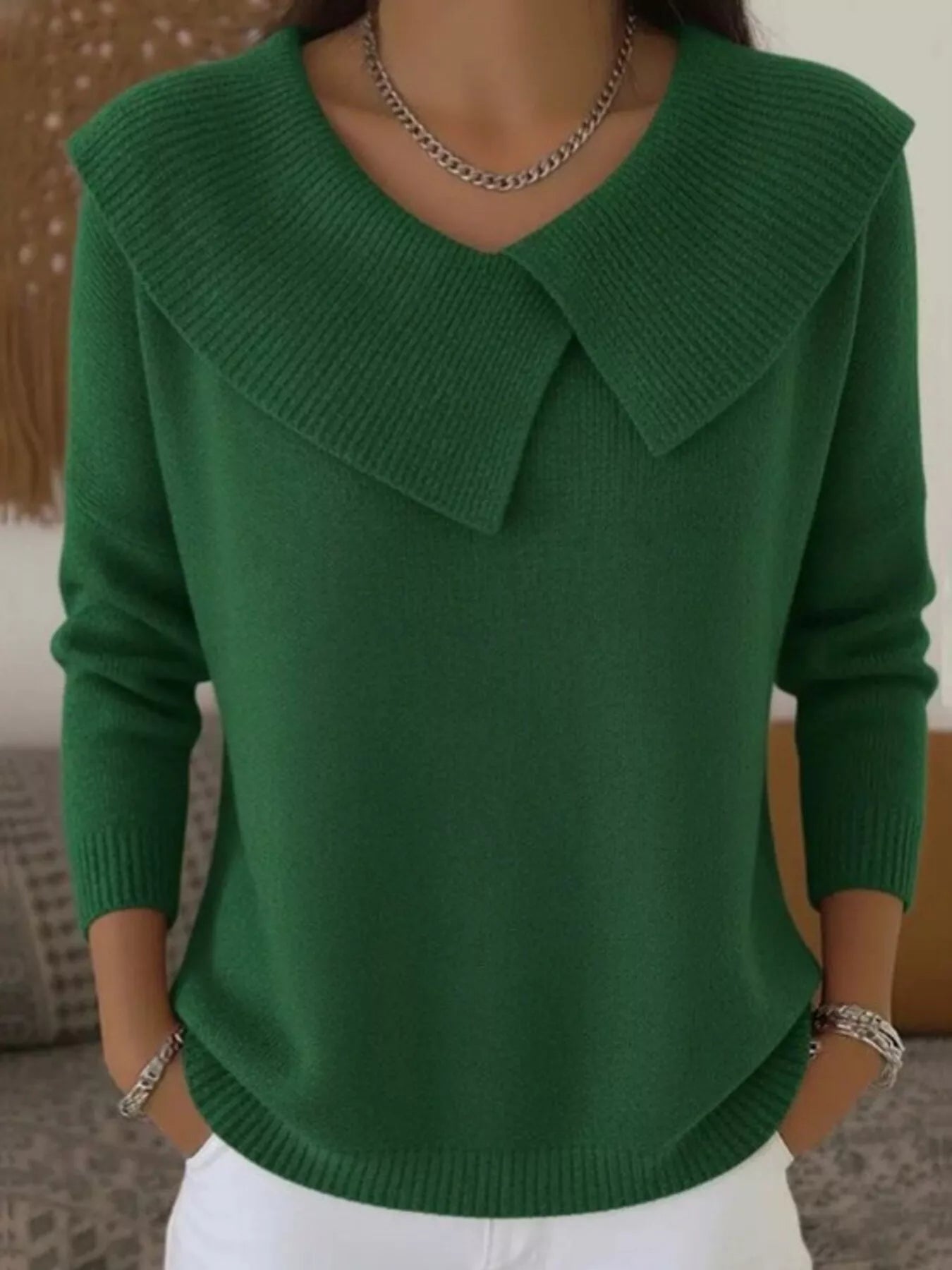 Dark green wide collar ribbed knit sweater with overlapping collar and long sleeves, front view