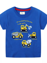 Front view of a blue children's crew neck t shirt with yellow construction vehicles and labels