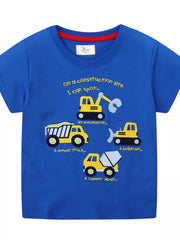 Front view of a blue children's crew neck t shirt with yellow construction vehicles and labels