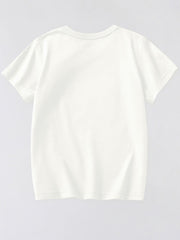 Back view of a plain white children's short sleeve t-shirt against a light background