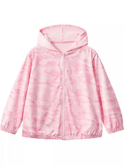Front view of the blush pink camouflage children's hooded jacket with full zip and elastic cuffs