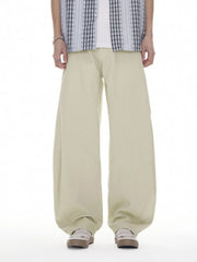Men's apricot casual pants with wide legs and pockets.