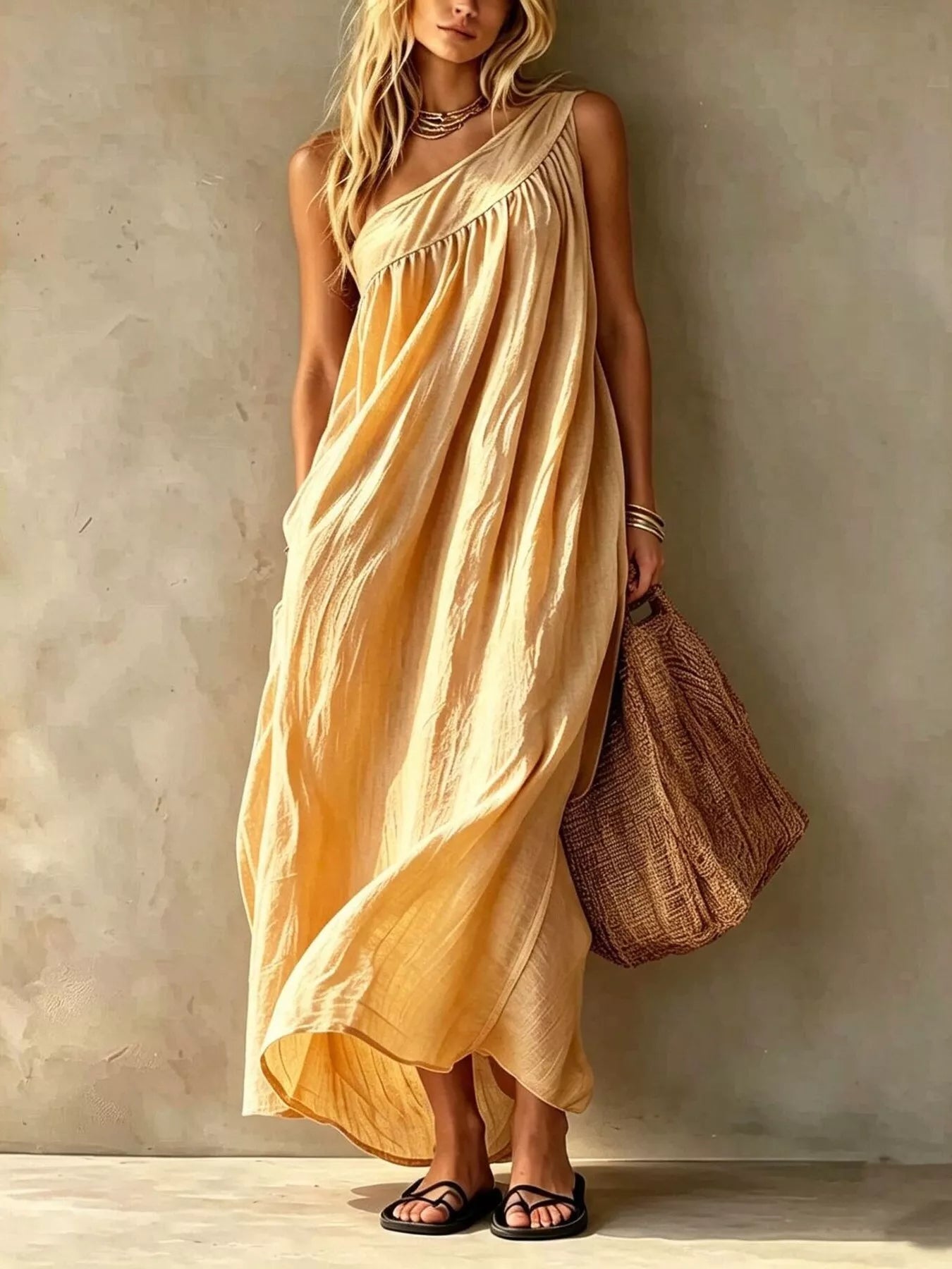 Front view of a pastel yellow one shoulder maxi dress with flowing skirt on a model