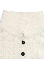 Close up of white cable knit sweater collar and black button placket detail