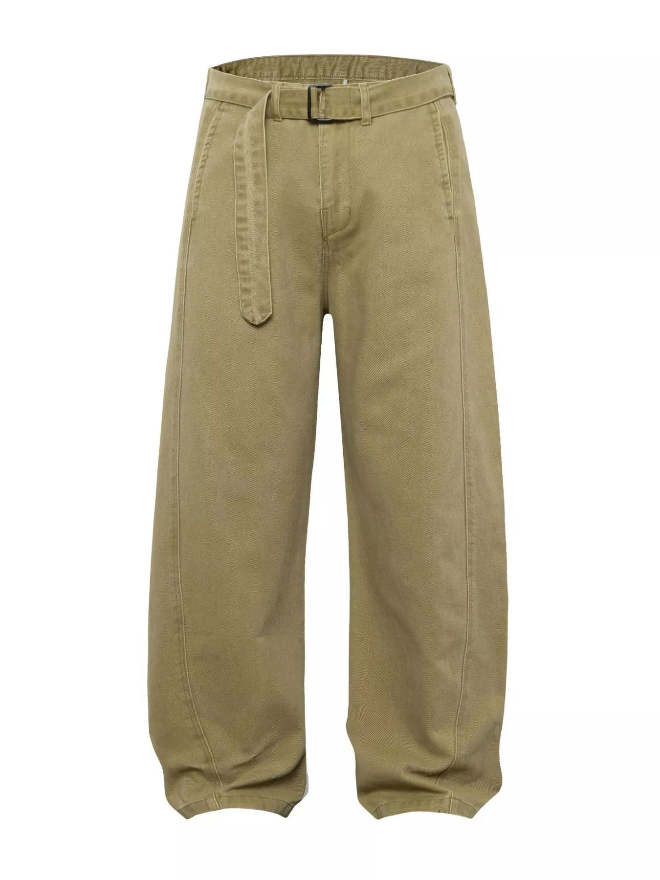Men's wide-leg cargo pants with a belt.
