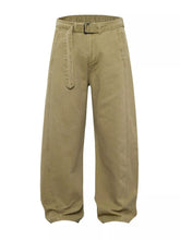 Men's wide-leg cargo pants with a belt.