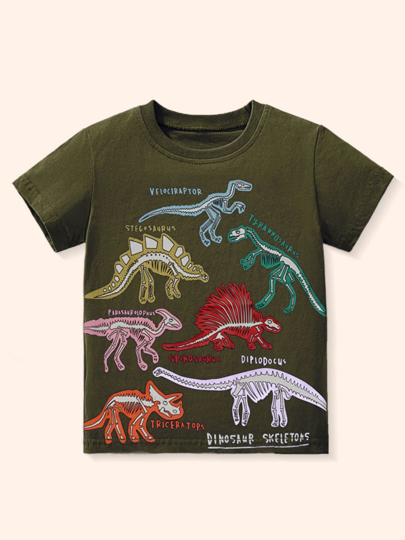 Army green children's short sleeve T-shirt with a colorful print of labeled dinosaur skeletons