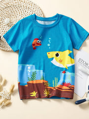 Flat front view of a sky blue children's tee with a yellow shark and underwater scene