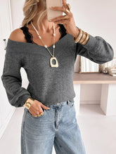 Dark grey off shoulder lace trim sweater worn with light wash jeans mirror selfie