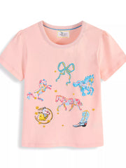 Flat front view of a pink children's short sleeve tee with horses a bow and a cowboy boot